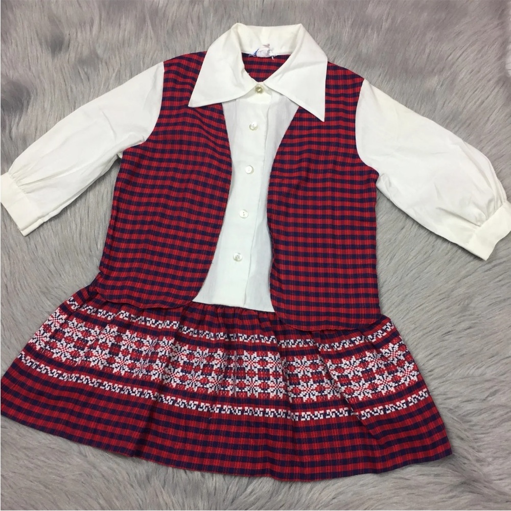 Vintage Sears 60s Girls White Blue Red Plaid Embroidered Vest Drop Waist Dress